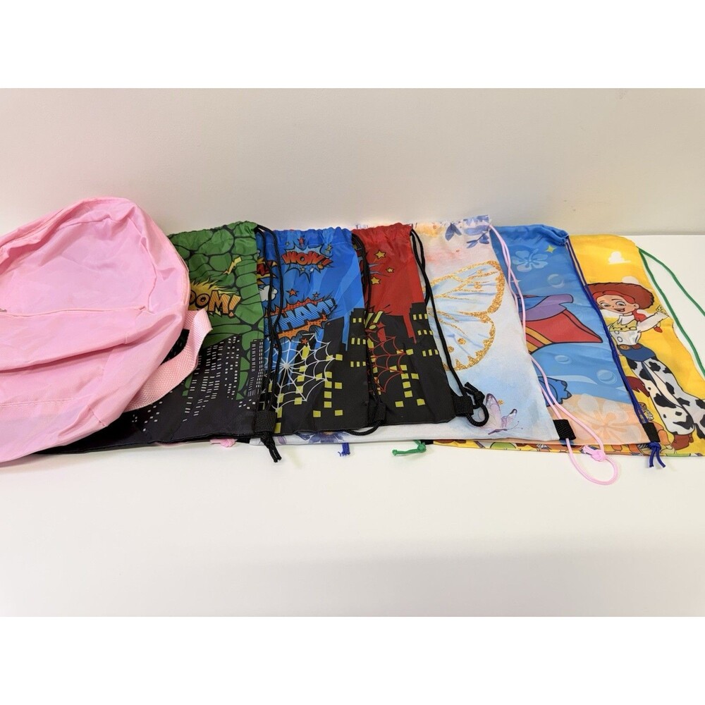 7 Pc Kids Bag Lot Disney Toy Story Stitch Spider-Man Superhero Drawstring